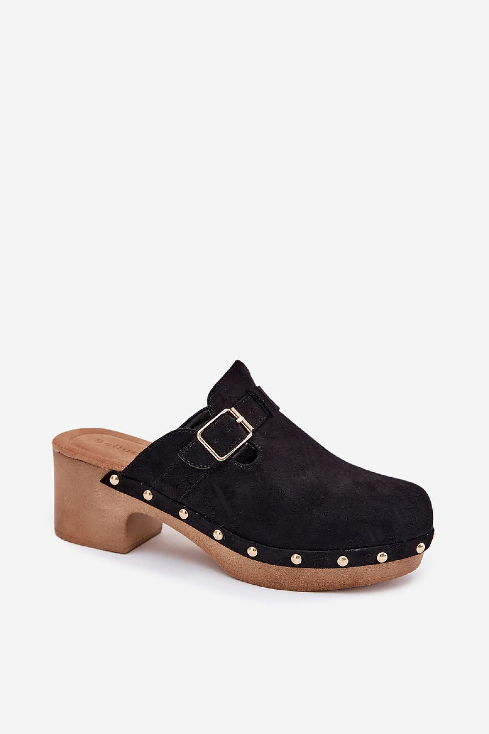Close-up of luxurious women's eco suede clogs by Step in Style, highlighting the exquisite gold buckle and decorative studs on a comfortable block heel.