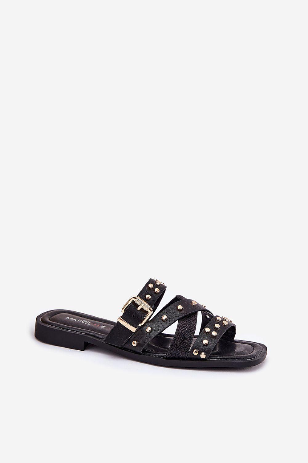 Close-up of Step in Style luxury eco leather women's flip-flops showcasing elegant straps and buckle embellishments.