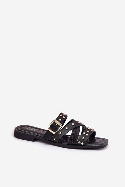 Close-up of Step in Style luxury eco leather women's flip-flops showcasing elegant straps and buckle embellishments.