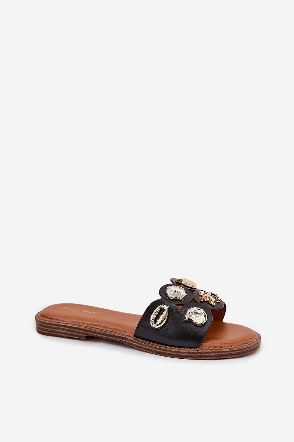 Fashionable women's sandals with a luxurious flat heel by Step in Style, designed with eco leather and gold marine pins.