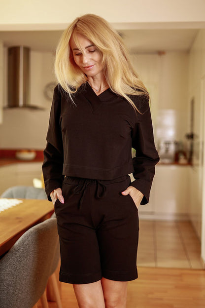 Detailed image of Mirale Diego Cotton Sweat Suit shorts highlighting perfect fit and sporty elegance, suitable for leisure activities.