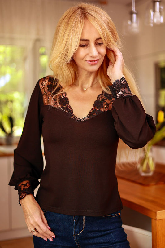 Elegant Mirale Laila Floral Lace Blouse featuring a stylish ornamental neckline and delicate lace cuffs, crafted from soft viscose fabric.