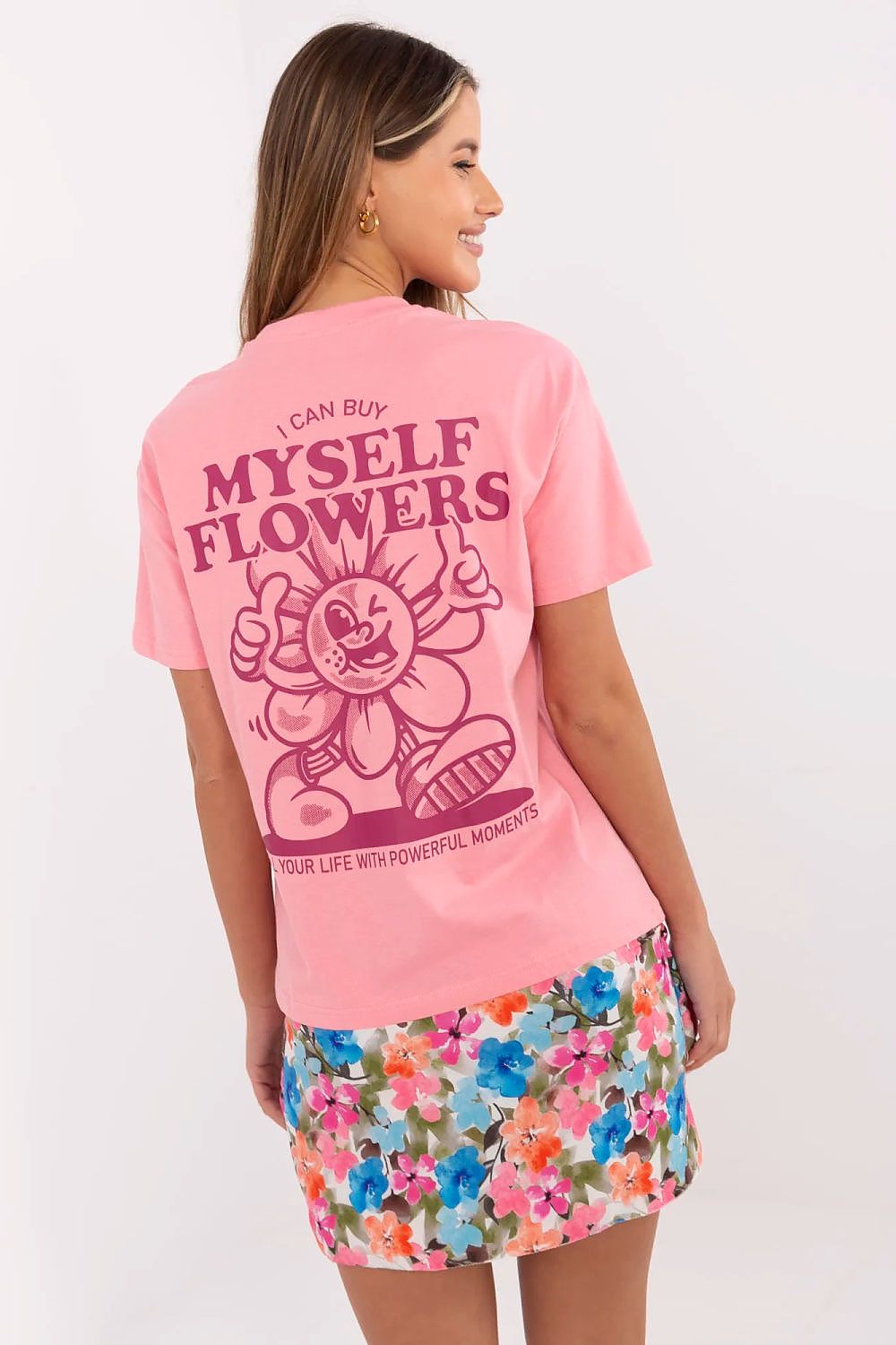 Bold back print detail of the luxury women's casual cotton t-shirt from Sublevel, perfect for urban casual styles.