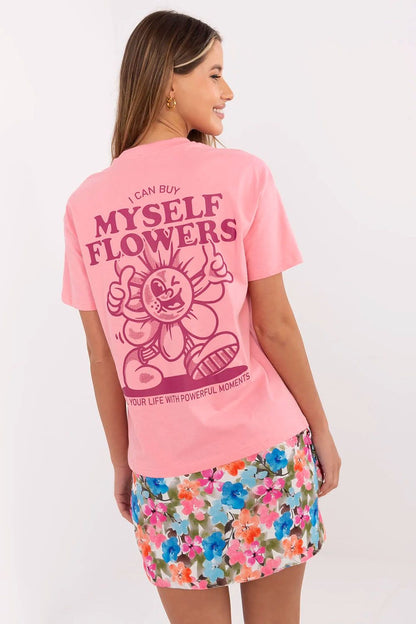 Bold back print detail of the luxury women's casual cotton t-shirt from Sublevel, perfect for urban casual styles.