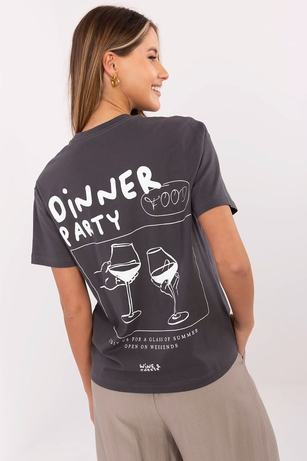 Stylish women's t-shirt from Sublevel featuring a small front print and a bold back print ideal for casual wear.