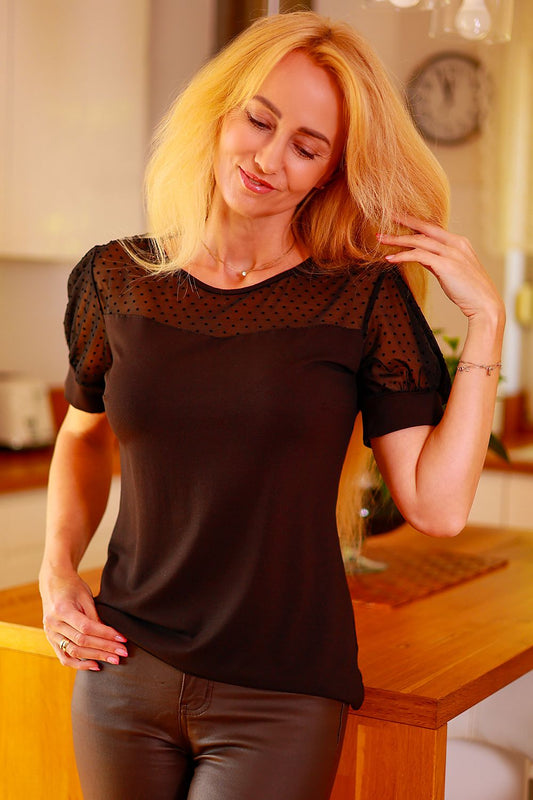 Elegant Ava Polka Dot Tulle Blouse by Mirale featuring gathered sleeves and a luxurious viscose fabric.