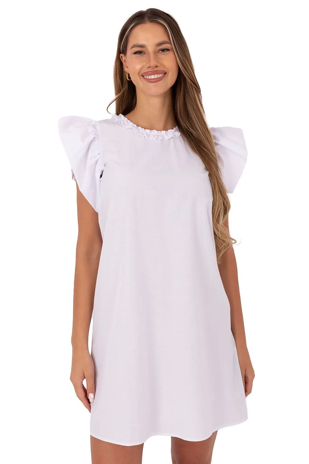 Elegant Lakerta Cotton Summer Daydress for Women, featuring flared cut and romantic ruffled sleeves, perfect for warm weather.