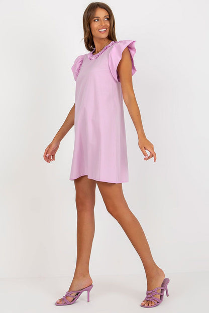 Stylish Lakerta Cotton Summer Daydress on display, showcasing its knee-length design and delicate round neckline adorned with ruffles, ideal for luxe summer wear.