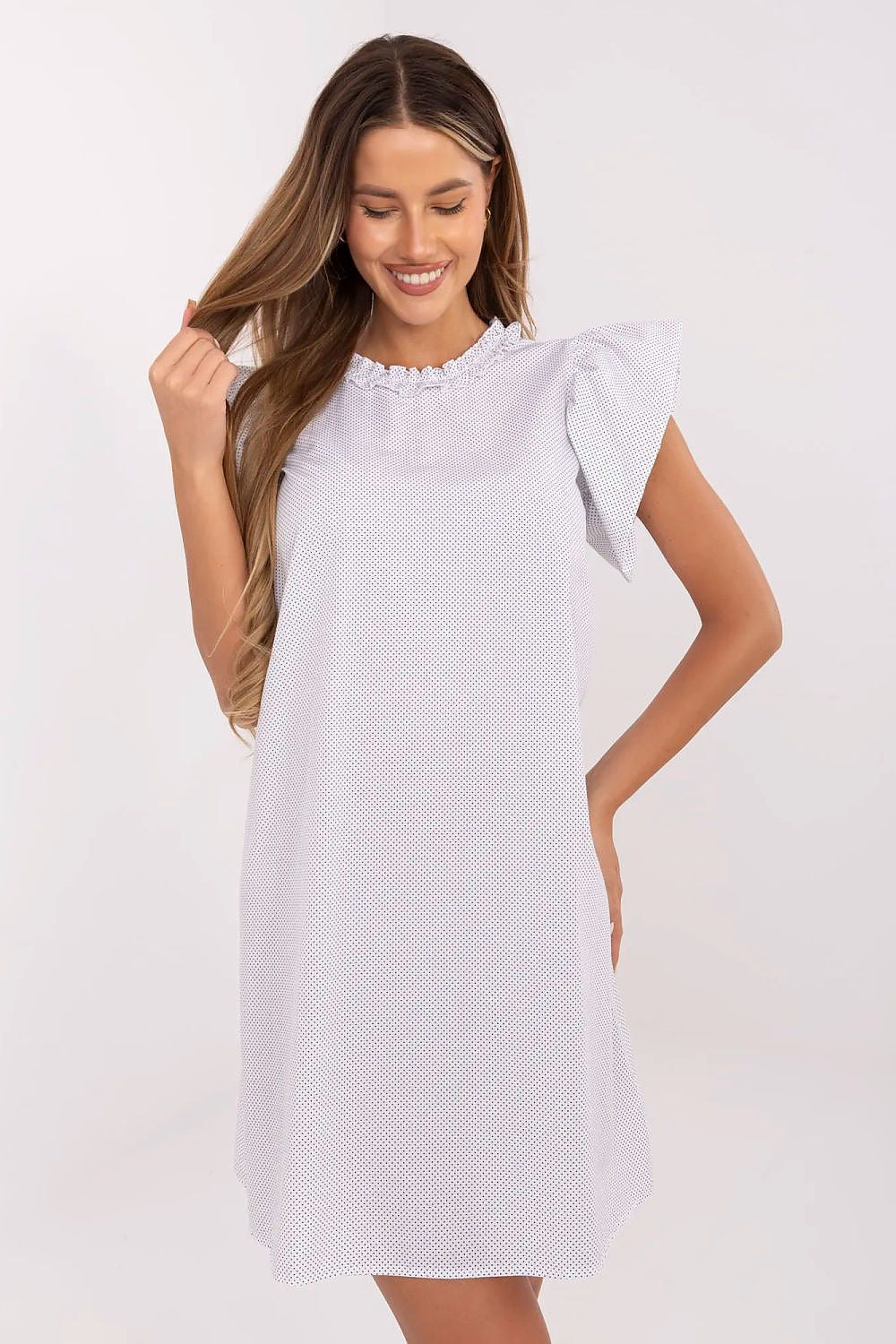 Stylish Lakerta Summer Daydress showcasing its feminine flared design and delicate round neckline, ideal for chic summer outings.