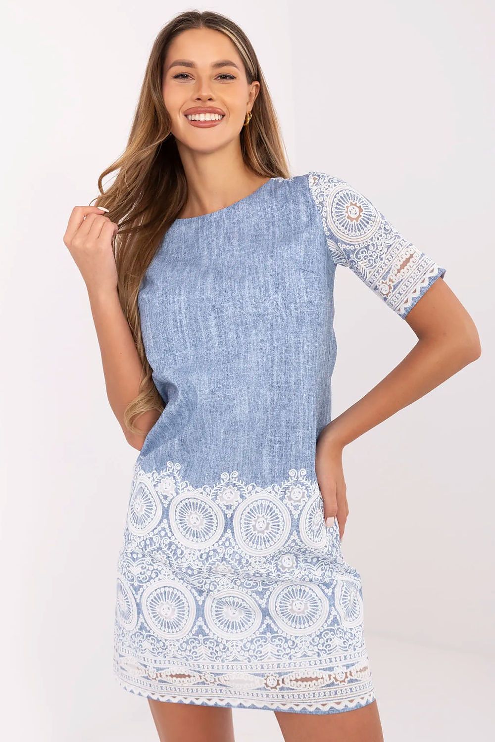 Elegant Linen Daydress by Lakerta featuring a subtle print design, showcasing breathable fabric, classic round neckline, and flattering silhouette, perfect for formal occasions and stylish outfits.