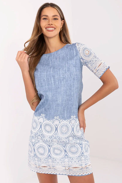 Elegant Linen Daydress by Lakerta featuring a subtle print design, showcasing breathable fabric, classic round neckline, and flattering silhouette, perfect for formal occasions and stylish outfits.