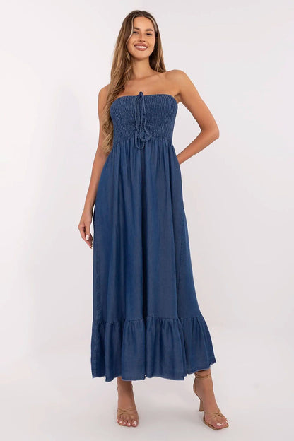 Elegant sleeveless summer flared maxi dress by Italy Moda, crafted from breathable lyocell with romantic lacing and ruffles for a stylish feminine look.