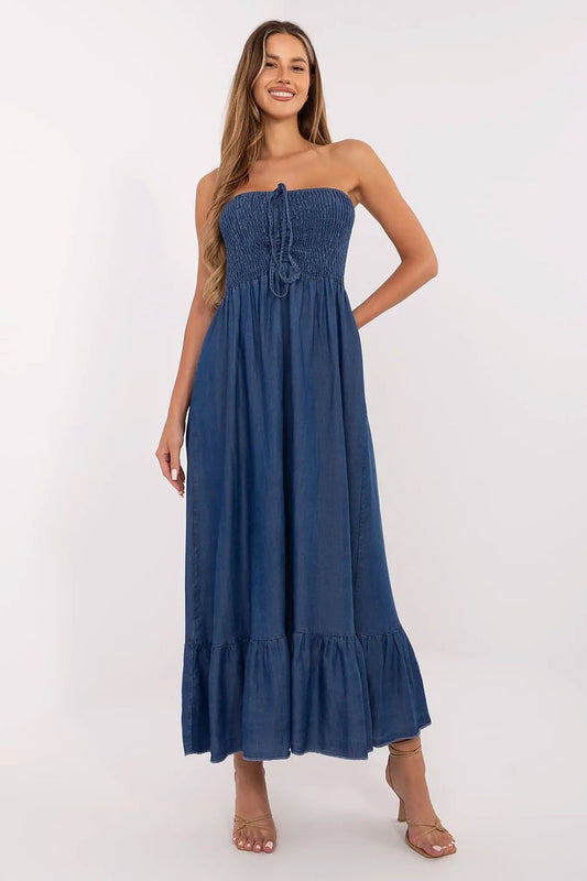 Elegant sleeveless summer flared maxi dress by Italy Moda, crafted from breathable lyocell with romantic lacing and ruffles for a stylish feminine look.