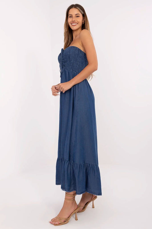 Elegant summer flared maxi dress in lyocell by Italy Moda, featuring a sleeveless design with intricate ruffles and romantic lacing, perfect for warm weather occasions.