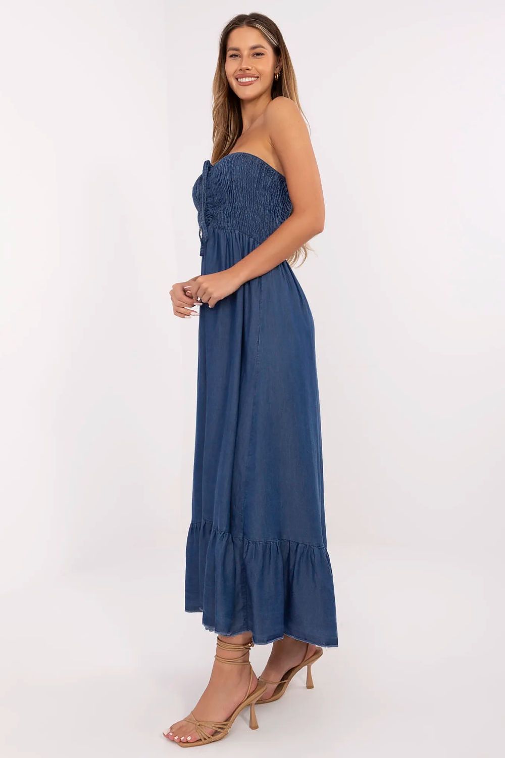 Elegant summer flared maxi dress in lyocell by Italy Moda, featuring a sleeveless design with intricate ruffles and romantic lacing, perfect for warm weather occasions.