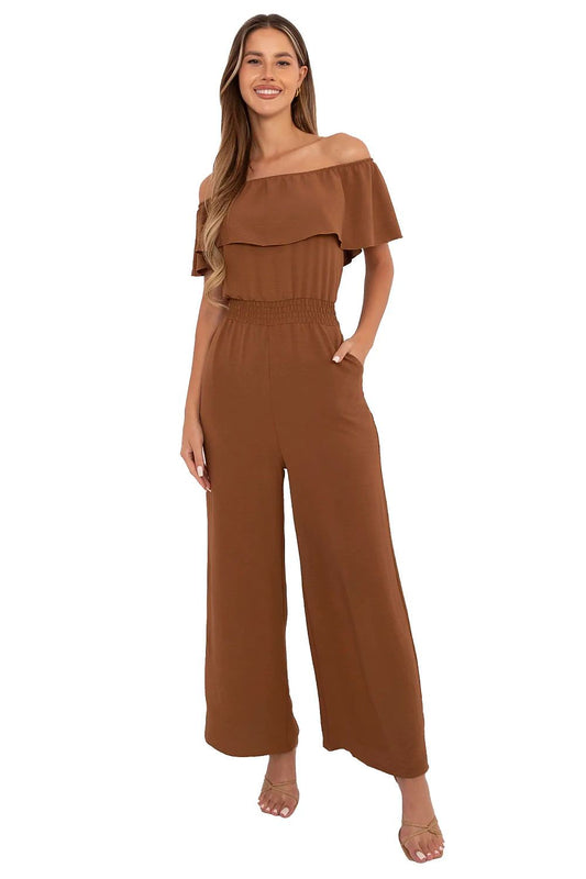 Elegant Italy Moda sleeveless jumpsuit showcasing the exquisite Spanish neckline with ruffle details, perfect for a romantic outing.