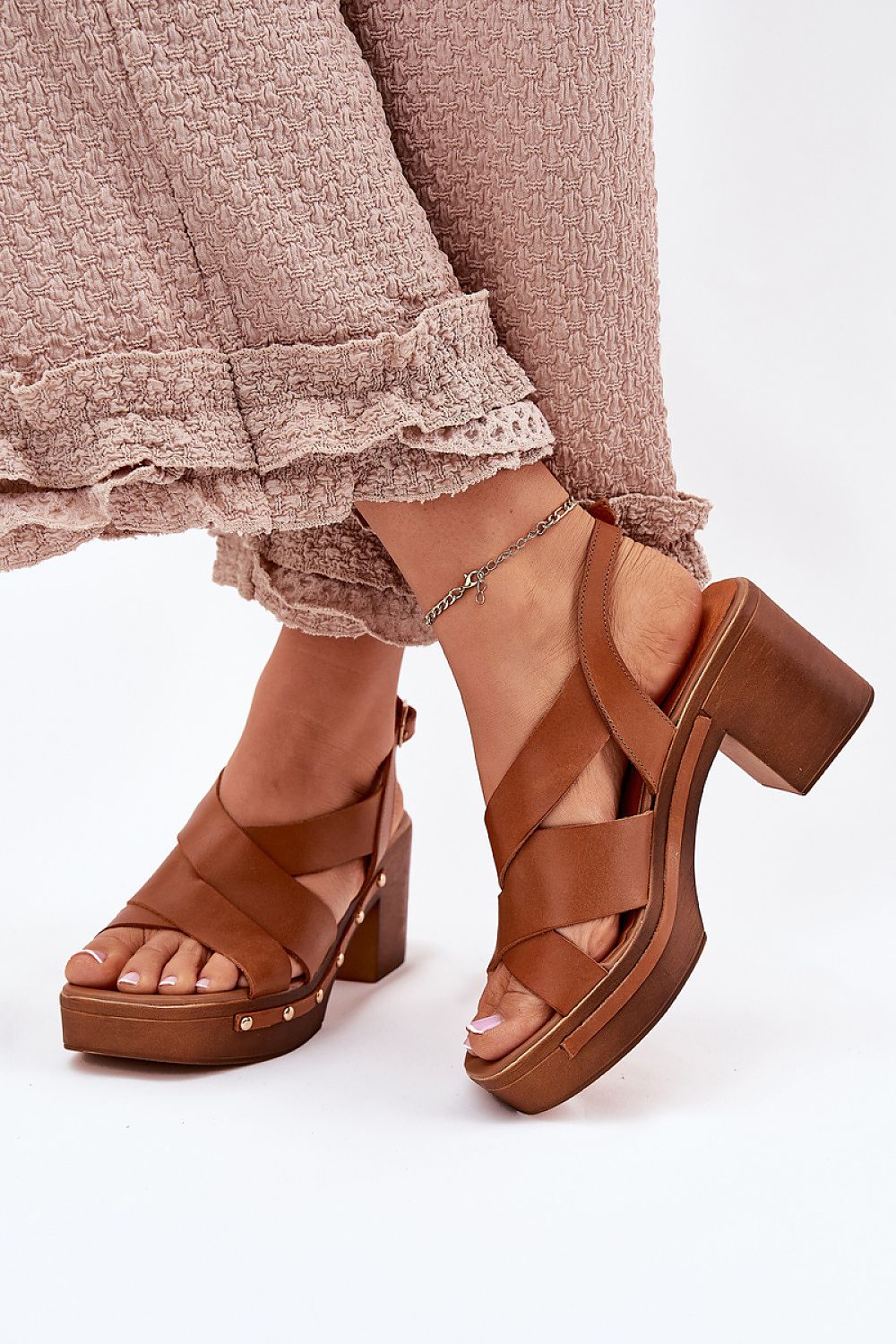 Stylish women's natural leather heel sandals with a 7.5 cm pillar heel by Step in Style, ideal for evening events, weddings, and special occasions, available in multiple sizes.
