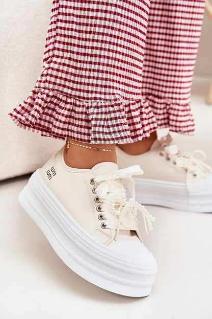 Women's eco leather sneakers by Step in Style featuring elegant pearl detailing, stylish platform design for modern casual looks.