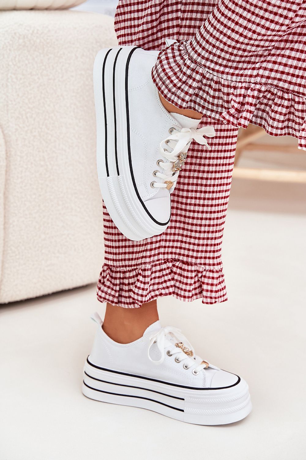 Luxury fashionable women's textile sneakers by Step in Style featuring stunning gold accents, on a towering 4.5cm platform, available in EU sizes 36 to 41.