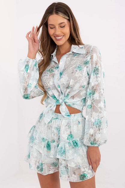 Complete outfit showcasing Lakerta's Elegant Floral Buttoned Shirt and Skirt-Trousers Set, ideal for formal events or chic everyday wear.