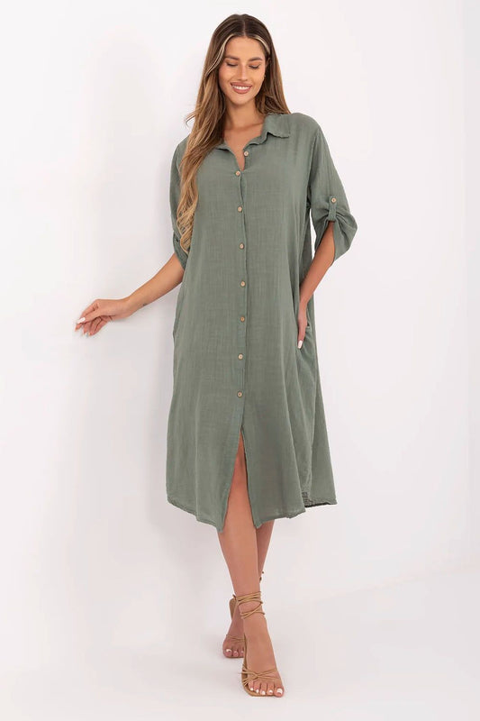 Elegantly designed Och Bella Cotton Midi Oversized Shirt Dress in EU size 0, featuring classic collar, button fastening, and practical side pockets, perfect for luxurious summer styling.