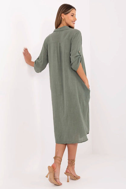 Elegant Och Bella oversized shirt dress featuring a breathable cotton fabric, classic collar design, and versatile 3/4 sleeves.