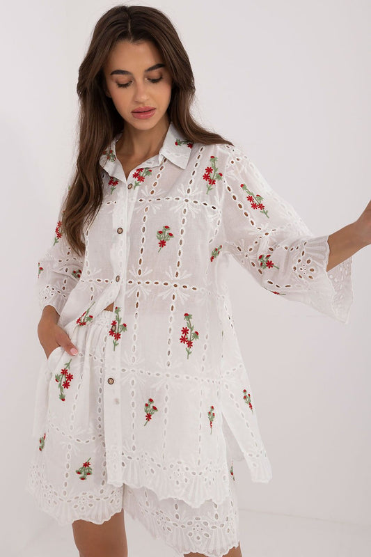 Elegant women's 100% cotton casual set featuring a lace detailed shirt and wide-legged shorts, designed by Lakerta, perfect for sophisticated everyday wear.