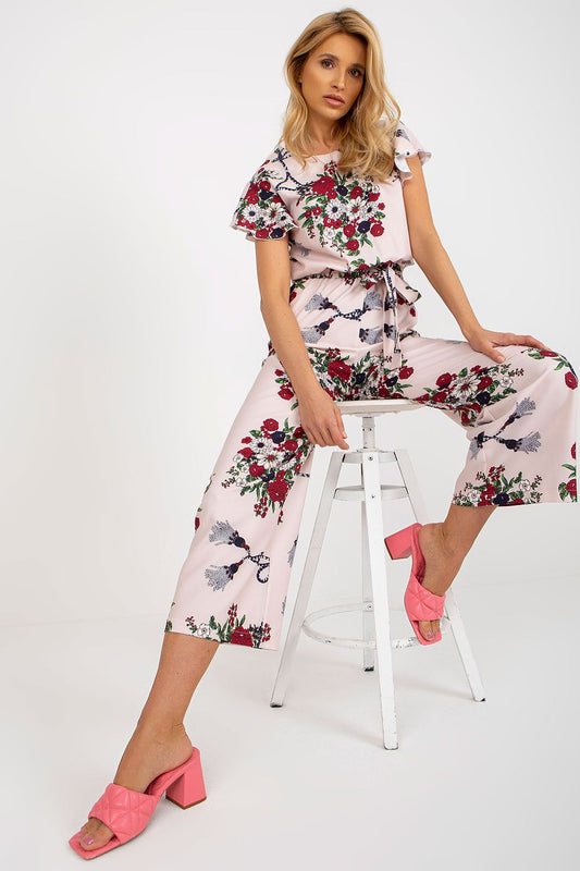 Elegant floral cotton jumpsuit for women by Lakerta featuring ruffled sleeves and a flattering waist tie, perfect for summer outings.