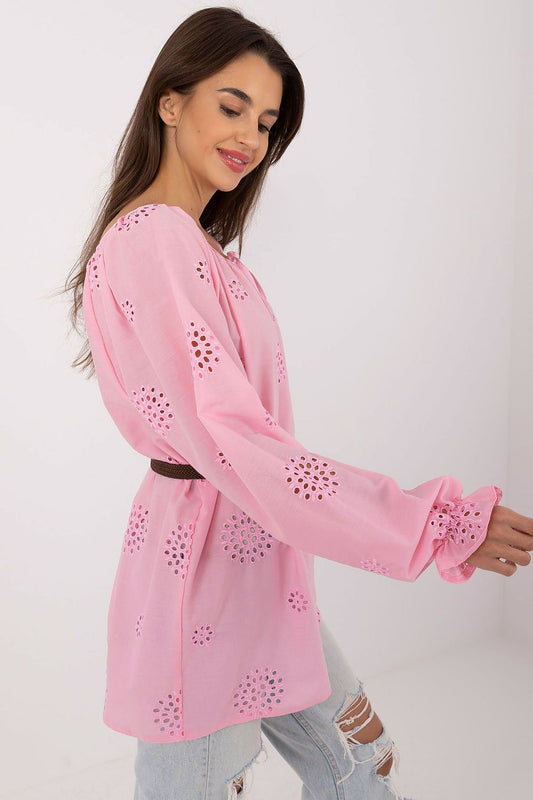 Charming Lakerta cotton blouse with intricate openwork design and billowy long sleeves, showcasing luxurious bohemian aesthetic ideal for fashionable ensembles.