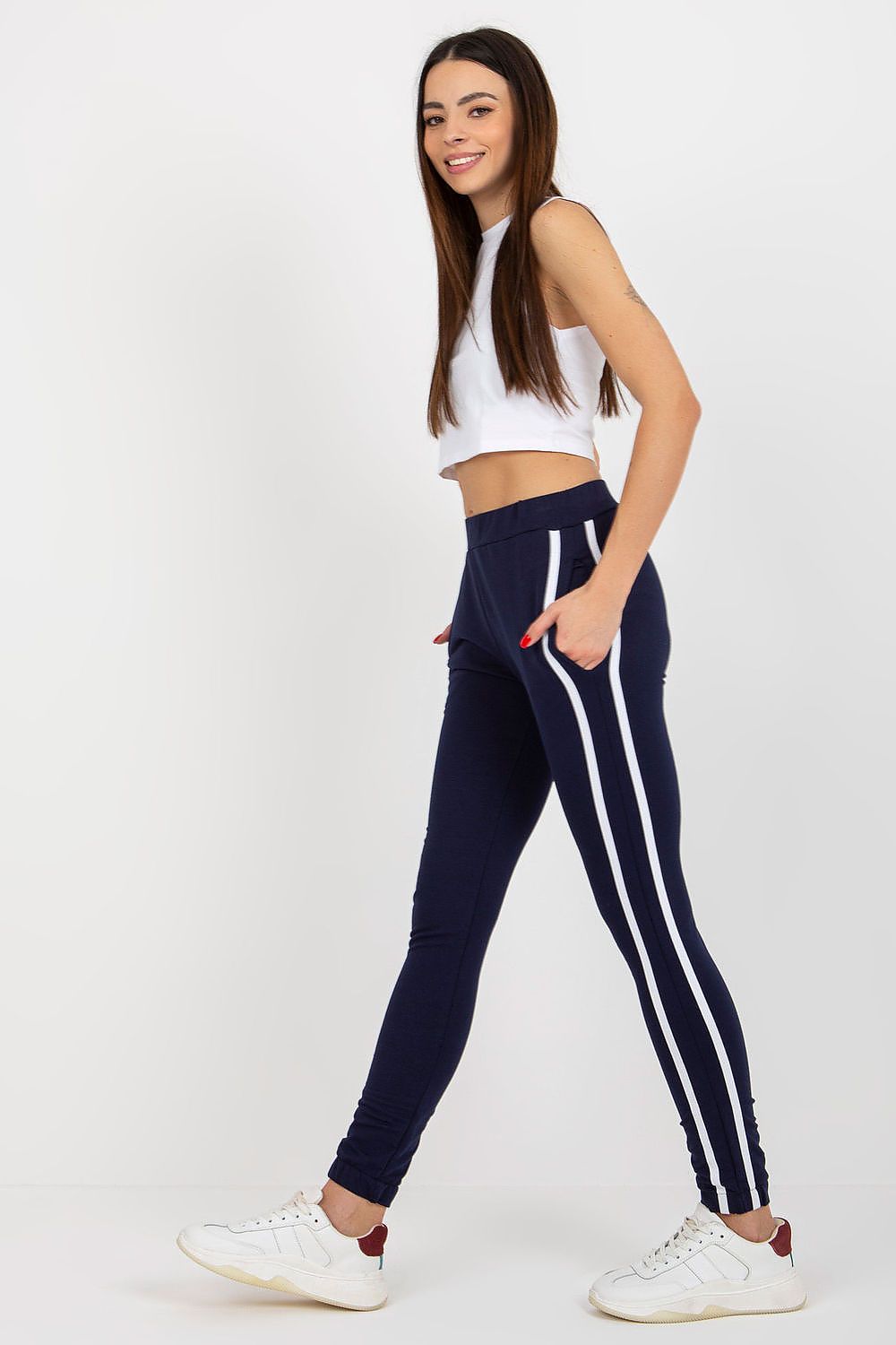 Rue Paris luxury high-waisted tracksuit trousers in a cotton-blend, featuring sleek side pockets and a modern sporty design, ideal for casual outings or physical activities.