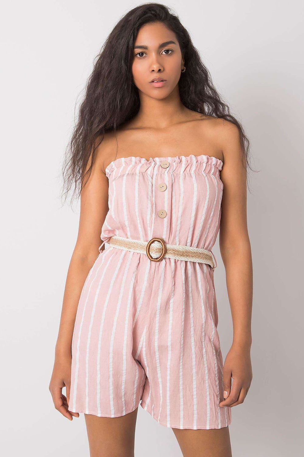 Chic striped jumpsuit with elastic waist from Rue Paris, showcasing a stylish design perfect for casual outings.
