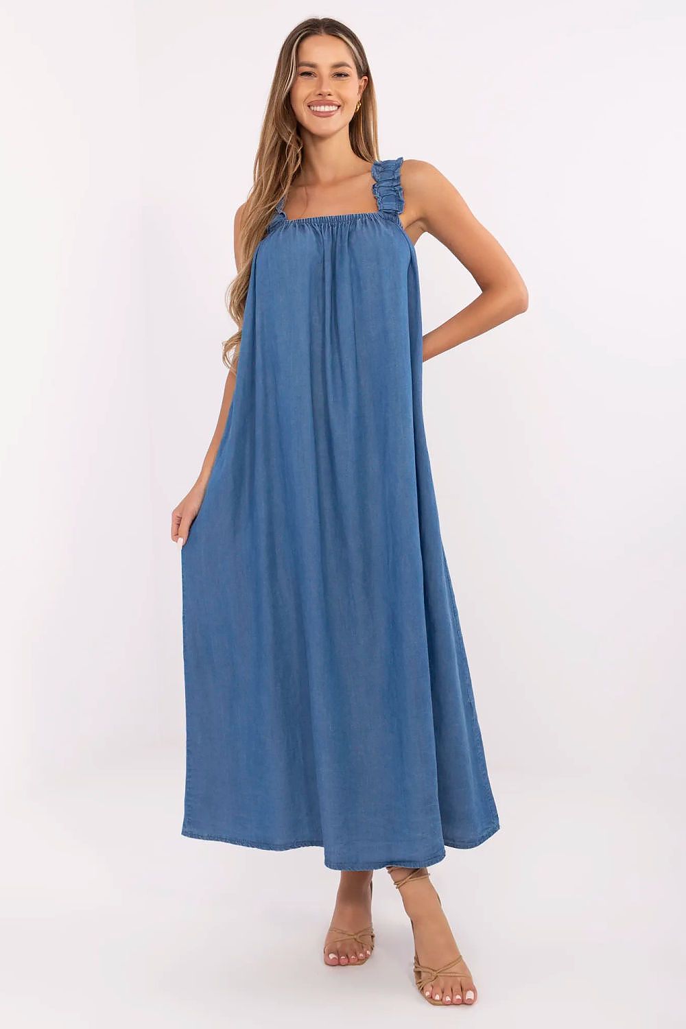 Maxi Summer Denim Dress by Italy Moda displayed on a model, featuring an oversized fit, square neckline, and delicate ruching for a luxurious summer look.