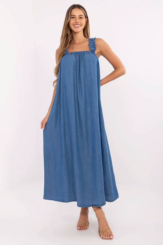 Maxi Summer Denim Dress by Italy Moda displayed on a model, featuring an oversized fit, square neckline, and delicate ruching for a luxurious summer look.
