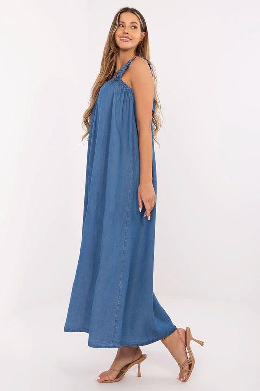 Close-up of the luxurious Lyocell fabric of the Maxi Summer Denim Dress by Italy Moda, showcasing its soft texture and breathable quality for elegant summertime wear.