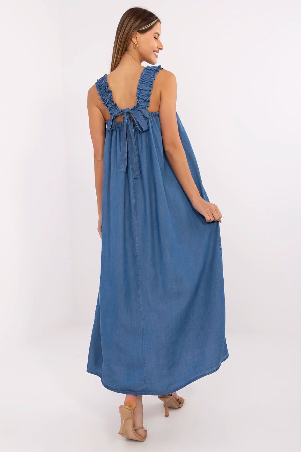 The back view of the Maxi Summer Denim Dress by Italy Moda, highlighting the decorative tie and luxe design details for a sophisticated summer style.