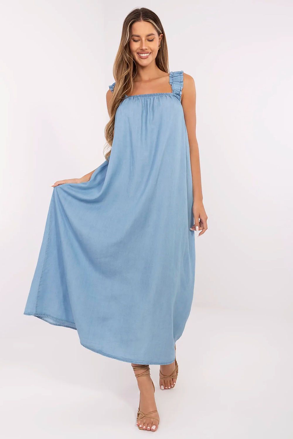 Stylish overhead shot of the Maxi Summer Denim Dress by Italy Moda, featuring its flowing silhouette and trendy oversized style, perfect for warm weather outings.