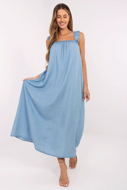 Stylish overhead shot of the Maxi Summer Denim Dress by Italy Moda, featuring its flowing silhouette and trendy oversized style, perfect for warm weather outings.