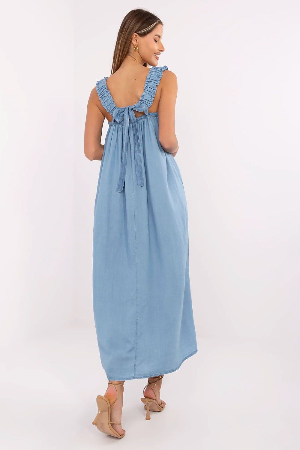 Elegant display of the Maxi Summer Denim Dress by Italy Moda on a mannequin, emphasizing the square neckline and luxurious summer aesthetic.