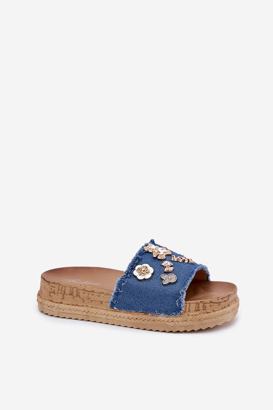 Stylish back view of Step in Style luxury women's platform sandals featuring golden pins and textile strap.