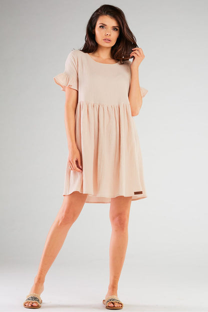 Luxury Cotton Blend Flared Daydress by Infinite You, showcasing stretchy short sleeves and a flattering silhouette, perfect for spring-summer wear.