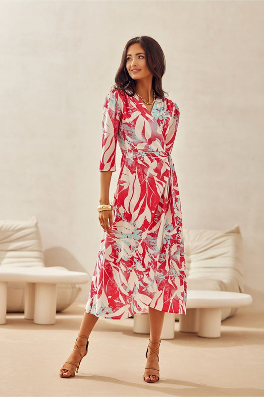 Elegant Mirella Midi Dress by Roco Fashion featuring a sophisticated V-neckline and 3/4 sleeves in a chic, floral pattern, perfect for special occasions.