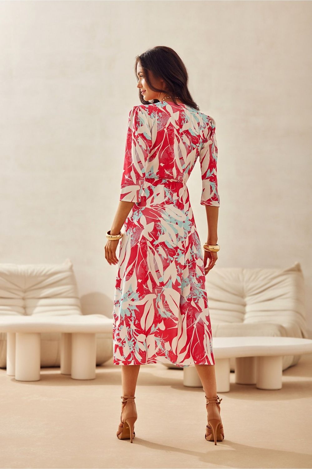 Mirella Midi Dress by Roco Fashion showcasing elegant V-neck and 3/4 sleeves, perfect for sophisticated occasions.