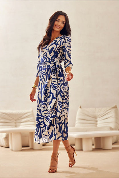 Mirella Midi Dress by Roco Fashion featuring an elegant V-neckline and 3/4 sleeves, perfect for luxurious occasions.