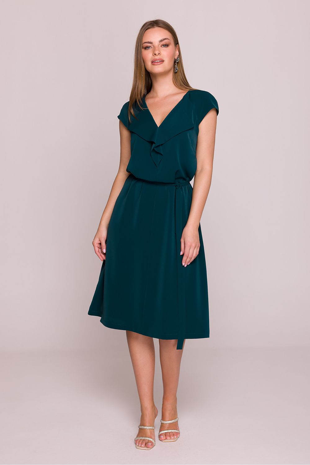 Stylove elegant midi cocktail dress featuring a ruffled V-neck and flattering A-line silhouette, available in sizes S-XXL, crafted with luxurious smooth fabric for a sophisticated look.