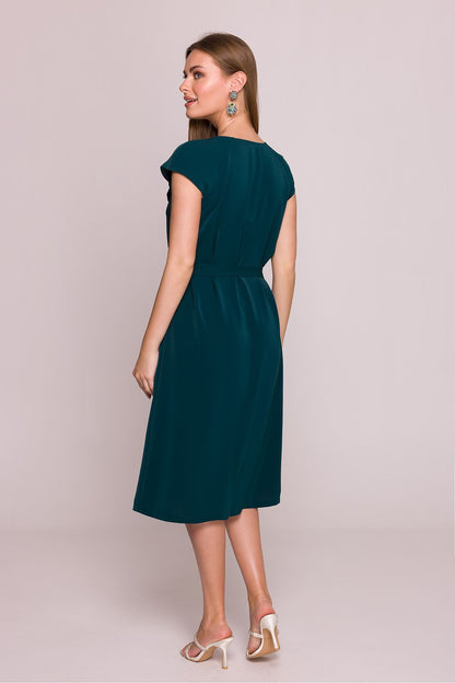 Stylove Midi Cocktail Dress with Ruffled V-Neck - Elegant A-Line silhouette in luxurious smooth fabric, showcasing a subtle shine