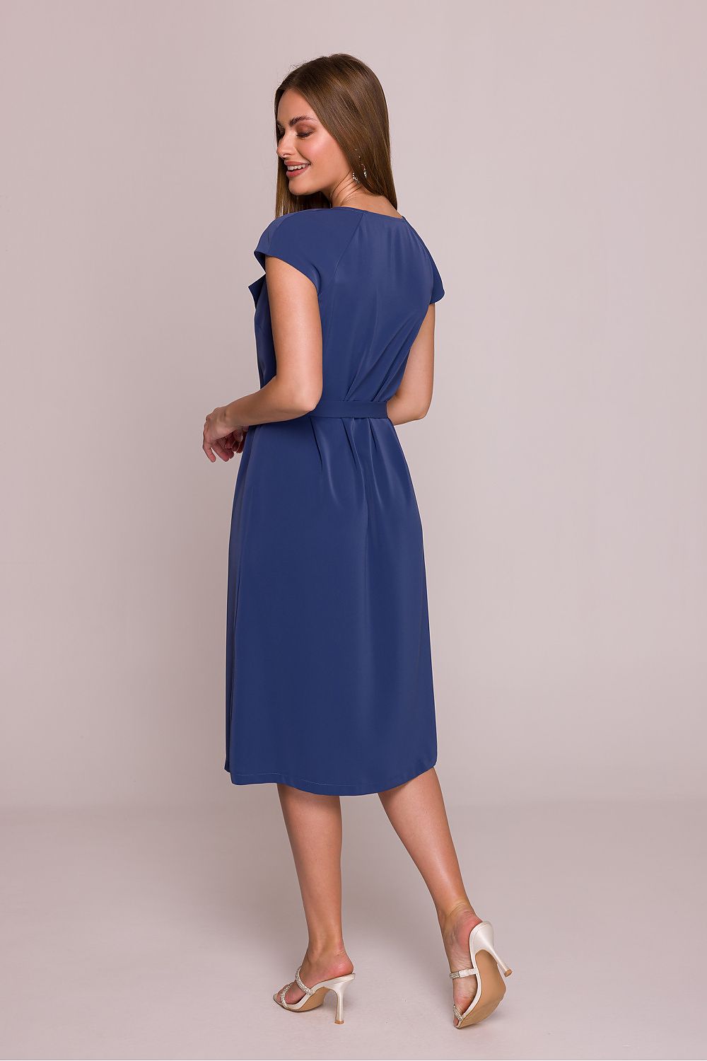 Back view of Stylove Midi Cocktail Dress, featuring concealed side zipper and short draping sleeves for a refined look in sizes S-XXL