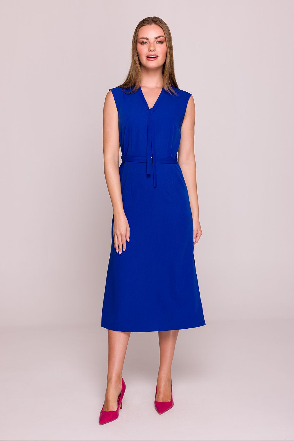 Stylish Elegant Midi Daydress by Stylove featuring a satin finish, v-neckline, and side slit, perfect for modern women's summer wardrobe.