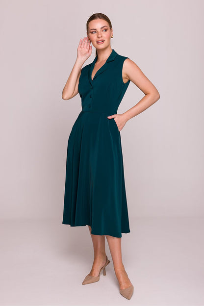 Stylove elegant midi cocktail dress showcasing a fitted top and flared bottom, designed for a luxurious silhouette. Perfect for special occasions.