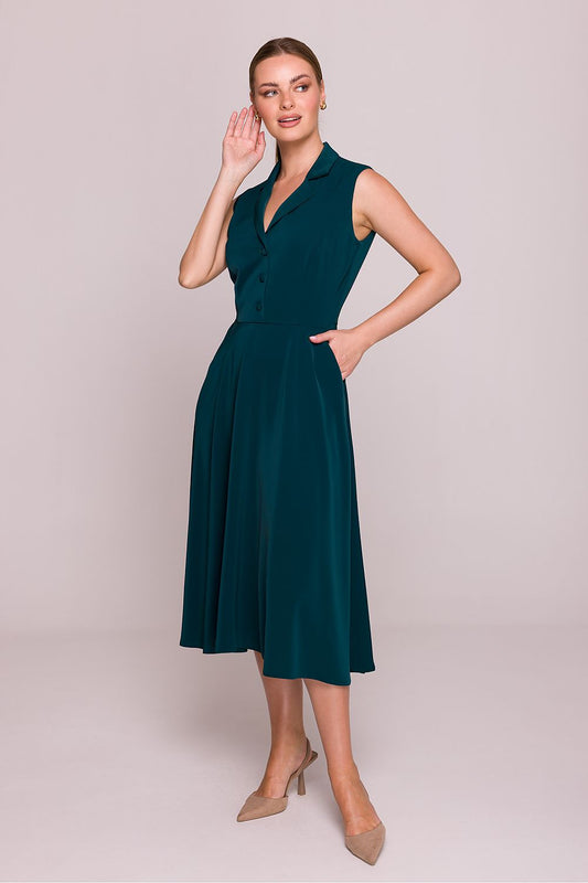 Stylove elegant midi cocktail dress showcasing a fitted top and flared bottom, designed for a luxurious silhouette. Perfect for special occasions.