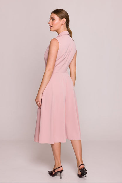 Stylove elegant midi cocktail dress featuring a deep V-neckline and fitted top, perfectly highlighting feminine curves in luxurious smooth fabric.